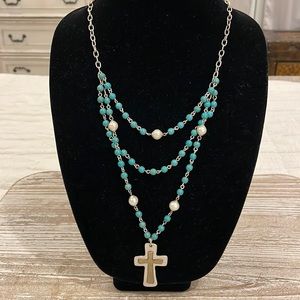 Turquoise Southwestern Style Beaded Cross Pendant Triple Layer Necklace